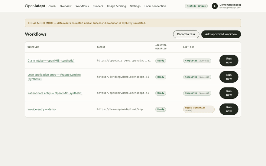 The OpenAdapt Cloud workflows list opening the synthetic OpenEMR workflow: approved bundle versions and run history in the real dashboard.