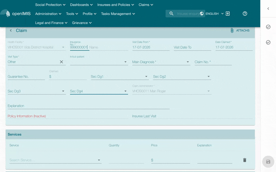 Captured openIMIS frames showing a synthetic health-facility claim being entered and saved.